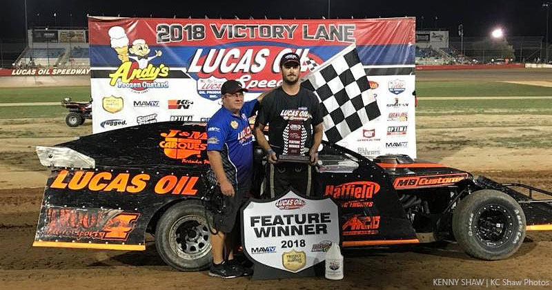 Jon Sheets earned his first USRA Modified feature win of the season Saturday night at the Lucas Oil Speedway.