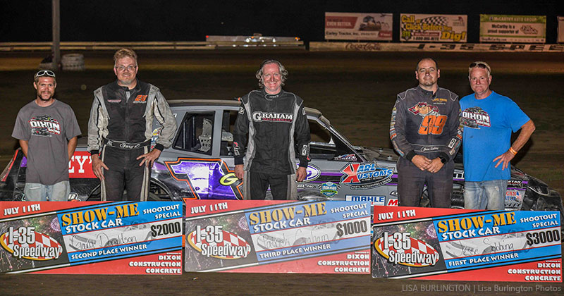 The top three finishers in American Racer USRA Stock Car main event were (left to right) runner-up Gary Donaldson, third-place finisher Pat Graham and winner Jesse Sobbing.