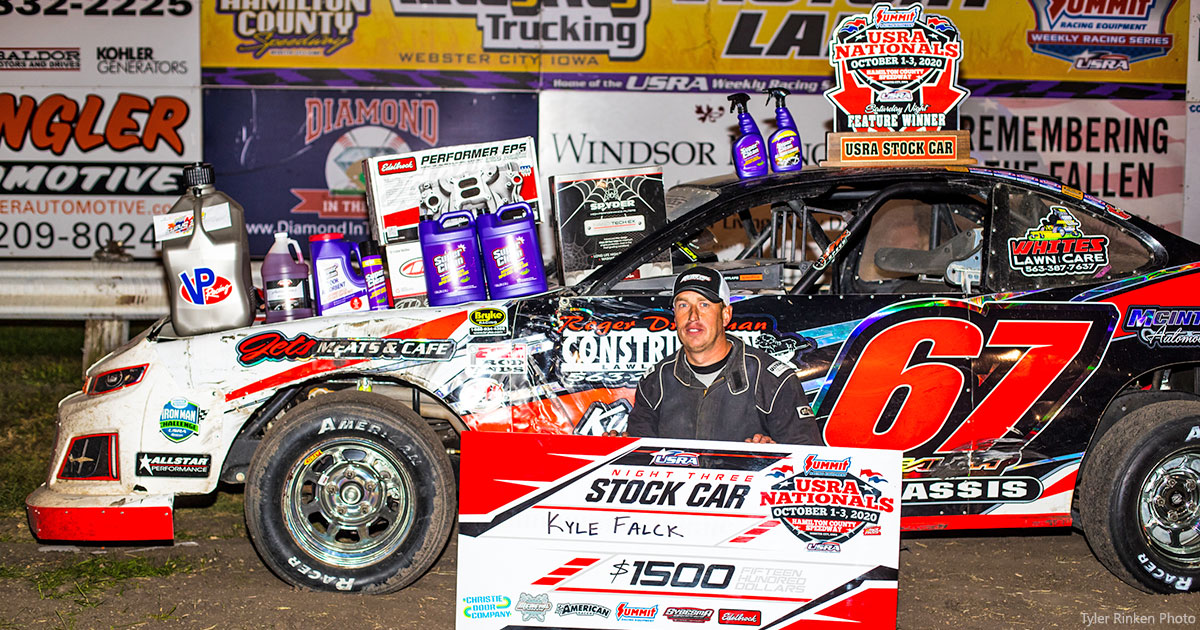 Kyle Falck won the American Racer USRA Stock Car main event.