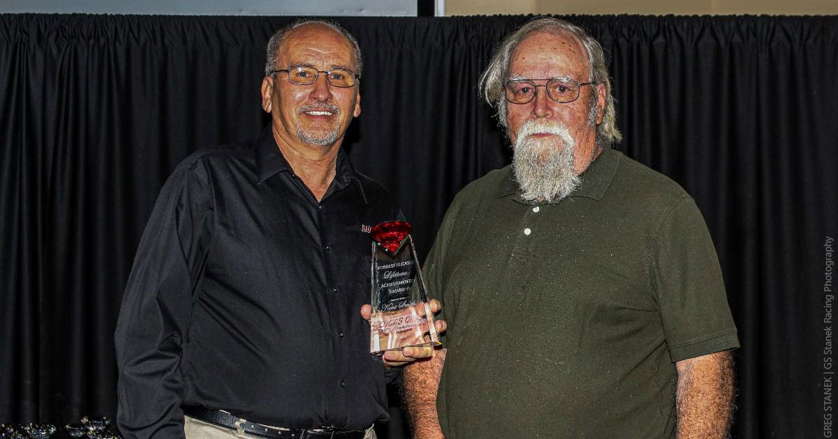 Lucas Oil Speedway held its annual Championship Banquet on Saturday night and Kent Smith (below right, alongside General Manager Danny Lorton) received the Forrest Lucas Lifetime Achievement Award.