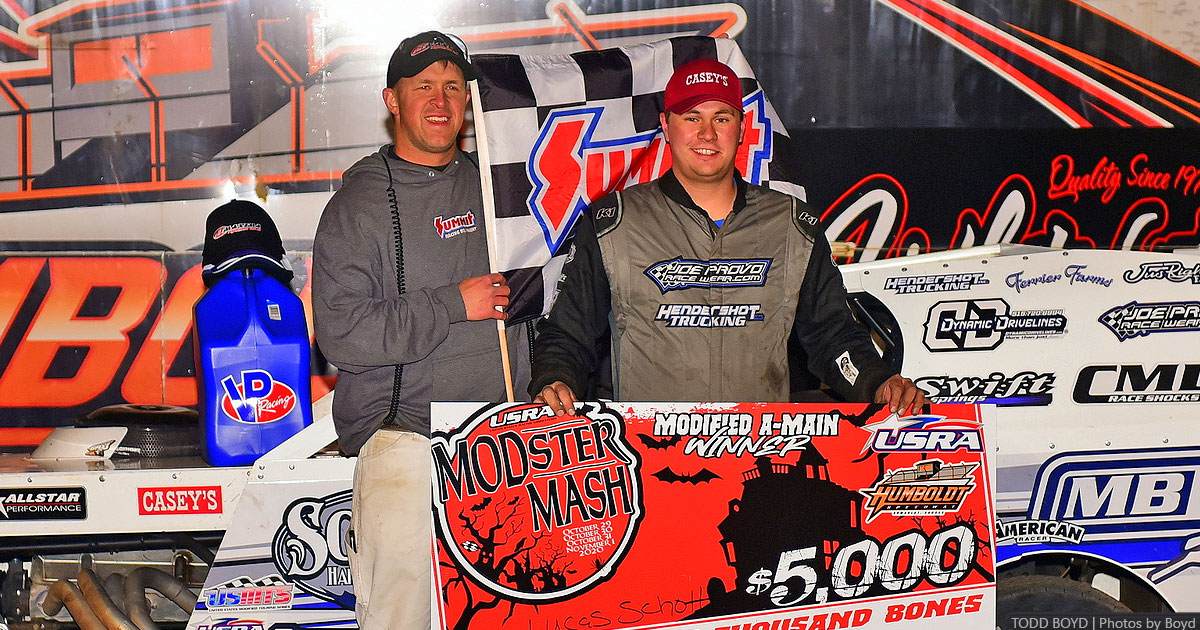 Lucas Schott won the USRA Modified main event at the Humboldt Speedway's Halloween Hangover on November 1 to seal his 2020 USRA Modified national title.