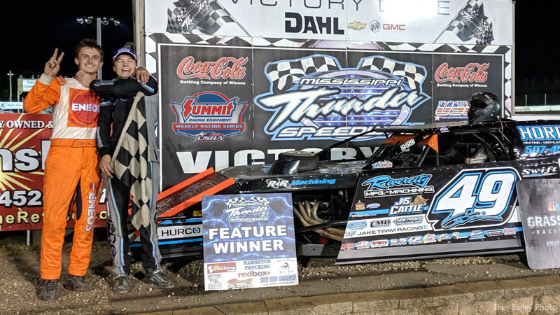 Jake Timm (right) won the USRA Modified feature while Dustin Sorensen (left) claimed the 2019 track championship.