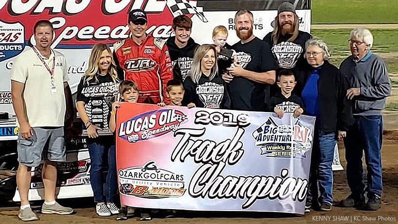 Kris Jackson won the Ozark Golf Cars USRA B-Mod feature while nailing down the track championship Saturday night at Lucas Oil Speedway.