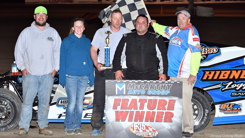 Lee Hibner captured the USRA Modified feature at the I-35 Speedway in Winston, Mo., on Saturday, April 20, 2019.