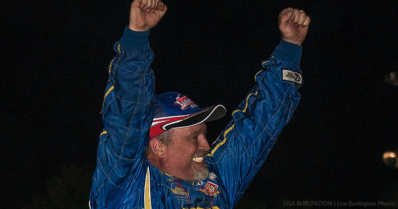 Kevin Anderson celebrates his victory in the Gary D Memorial on Friday, June 1, at the Lakeside Speedway in Kansas City, Kan.