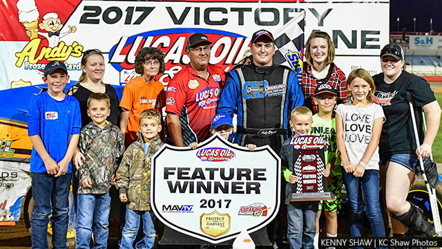 Andy Bryant celebrated both a feature win and the Out-Pace USRA B-Mod track championship Saturday night at Lucas Oil Speedway.