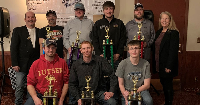 Pictured left to right: Back row - co-owner Mark Wytaske, Pure Stock champion Troy Maas, Out-Pace USRA B-Mod champion Noah Grinstead, Street Stock champion Zach Elward, Midwest Mod champion Ryan Goergen and co-owner Annette Wytaske; Front row - USRA Modified champion Brandon Davis, Hornet champion Justin Schelitzche and Mini-Mod champion Michael Bryant.