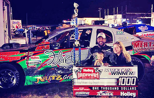 Nathan celebrates his Holley USRA Stock Car victory with his family.
