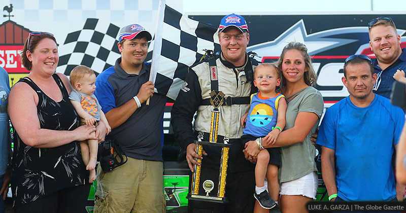 Derek Green won the Holley USRA Stock Car feature on Sunday, July 8, 2018, at the Mason City Motor Speedway in Mason City, Iowa.