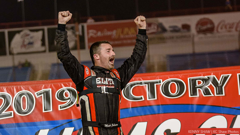 Matt Johnson celebrates after winning the USRA Modified main event at the Lucas Oil Speedway in Wheatland, Mo., on Saturday, June 29, 2019.