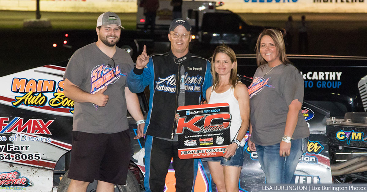 Tim Powell won the Out-Pace USRA B-Mod main event on Thursday, May 10, at the Lakeside Speedway in Kansas City, Kan.