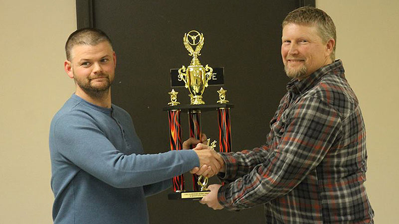 Lebanon Midway Speedway 2018 Out-Pace USRA B-Mod track champion Sam petty (left) receives his award from promoter Jack Jones.