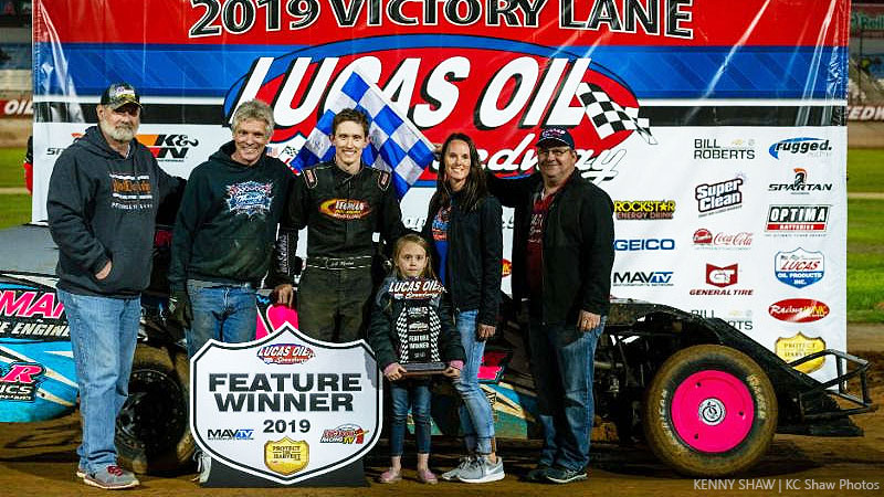 J.C. Morton celebrated his second feature win in as many attempts at the Lucas Oil Speedway after a last-lap pass Saturday night propelled him to the Out-Pace USRA B-Mod main event win.