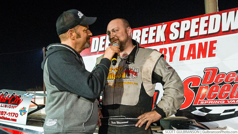 Nate Wasmund of Rochester, Minn., is interviewed by track announcer Todd Narveson after winning the USRA Modified main event on Saturday, April 28, at the Deer Creek Speedway in Spring Valley, Minn. (Scott Gulbranson Photo)