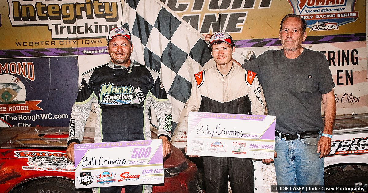 Bill Crimmins (left) won the Medieval USRA Stock Car main event while Riley Crimmins (right) won the Mensink Racing Products USRA Hobby Stock main event.