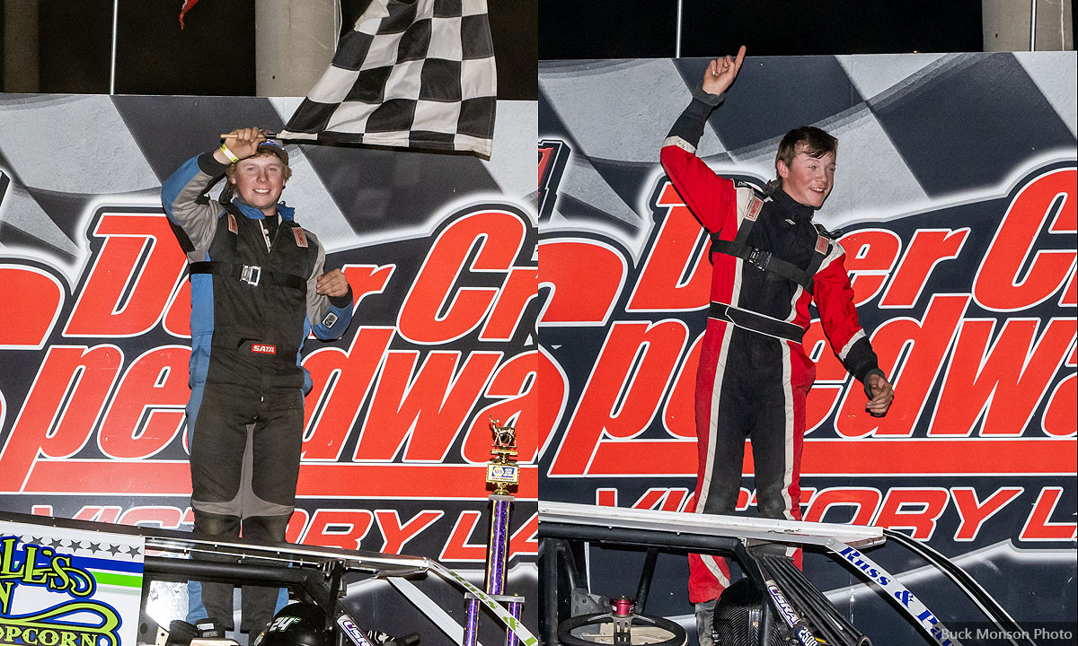 Jim Chisholm (left) won the USRA Modified main event and his younger brother Joe Chisholm (right) won the USRA B-Mod main event at the Deer Creek Speedway in Spring Valley, Minn., on Saturday, July 30, 2022.