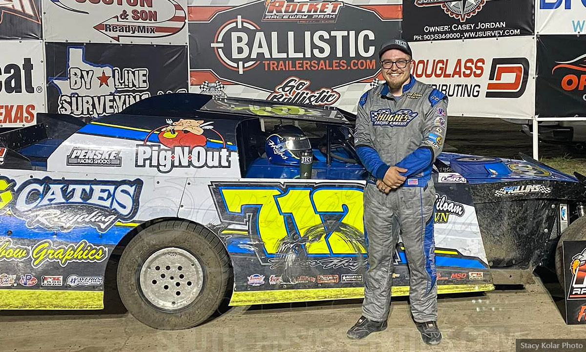 Trevor Hughes won the USRA Modified main event at the Rocket Raceway Park in Petty, Texas, on Saturday, July 30, 2022.