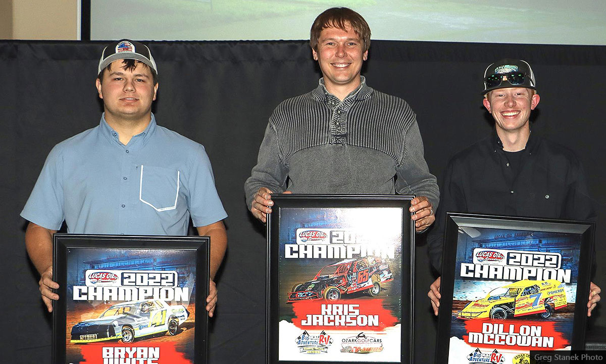 Lucas Oil Speedway track champions (left to right) Bryan White, Kris Jackson and Dillon McCowan received their awards on Saturday night at Lucas Oil Speedway's post-season banquet.