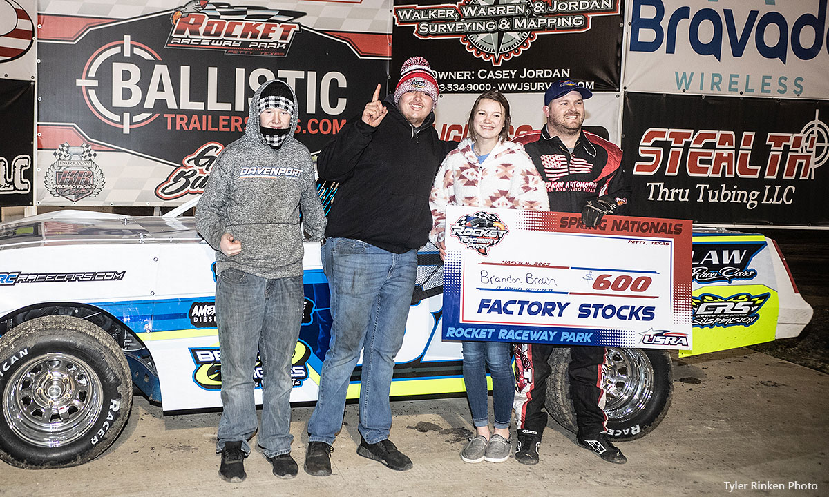 Brandon Brown won the Sunoco USRA Factory Stock main event at the Rocket Raceway Park in Petty, Texas, on Saturday, March 4, 2023.