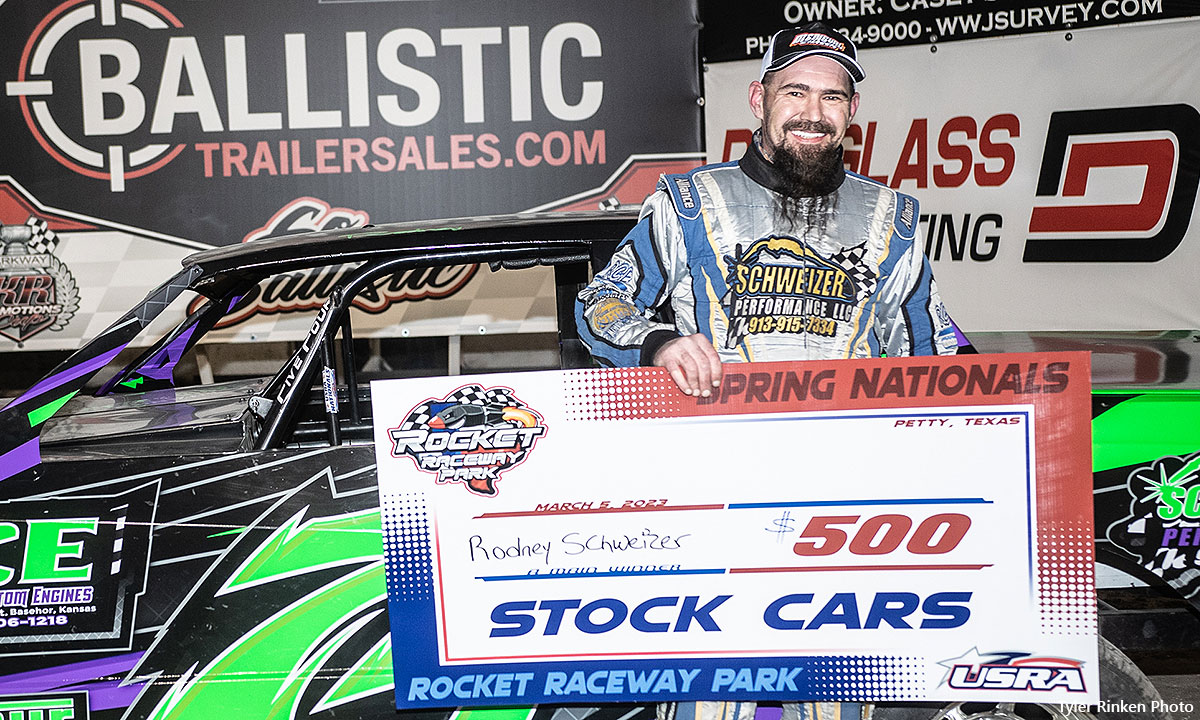 Rodney Schweizer won the Medieval USRA Stock Car main event during the 13th Annual Summit Texas Spring Nationals at the Rocket Raceway Park in Petty, Texas, on Sunday, March 5, 2023.