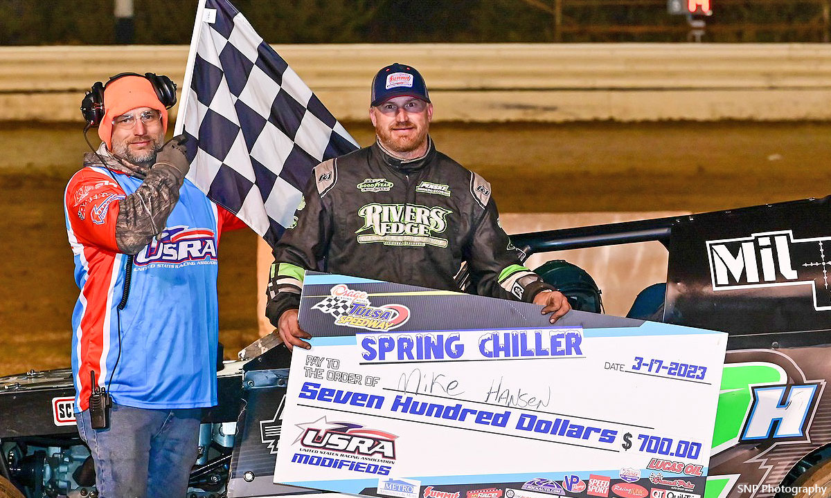 Mike Hansen won the USRA Modified main event during the Spring Chiller featuring the Summit USRA Weekly Racing Series at the Tulsa Speedway in Tulsa, Okla., on Friday, March 17, 2023.