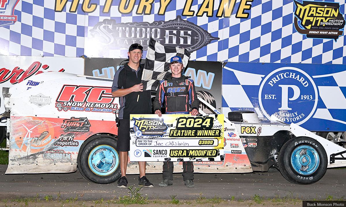 Joe Chisholm won the USRA Modified main event during the Summit USRA Weekly Racing Series at the Pritchard Family Auto Stores Mason City Motor Speedway in Mason City, Iowa, on Sunday, June 9, 2024.