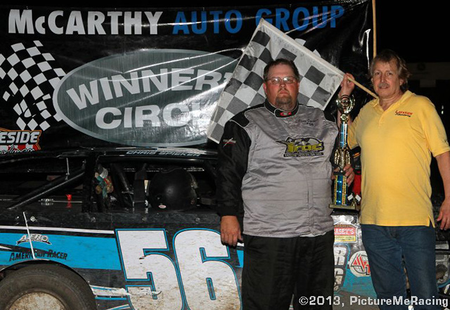 Chris Spieker in victory lane after his USRA Modified win on Friday, June 21, at the Lakeside Speedway in Kansas City, Kan.